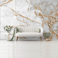 Eine Fototapete mit weißem und goldenem Marmor und eleganten goldenen Verzierungen, perfekt für ein luxuriöses Wohnzimmer.