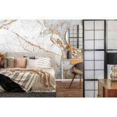 Eine elegante Fototapete mit weißem und goldenem Marmor, perfekt für ein Schlafzimmer.