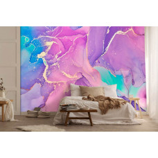 Eine Fototapete in rosa-goldener Marmoroptik, ideal für ein luxuriöses Schlafzimmer.