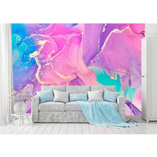 Eine Fototapete in rosa-goldener Marmoroptik, geeignet für ein stilvolles Wohnzimmer.