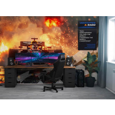 Fototapete von Max Verstappen in einem Spielzimmer, der in seinem Formel-1-Auto durch die Flammen über die Ziellinie fährt und Weltmeister geworden ist.