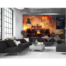 Ein Wohnzimmer mit einer Fototapete von Max Verstappen, der in seinem Formel-1-Auto durch die Flammen über die Ziellinie fährt und Weltmeister geworden ist.