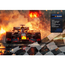 Fototapete mit Max Verstappen, der in seinem Formel-1-Auto durch die Flammen über die Ziellinie fährt und Weltmeister geworden ist.