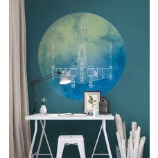 Ein Tapetenkreis mit einem X-Wing Fighter aus Star Wars, sichtbar in einem Kinderzimmer.