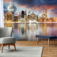 Eine Fototapete mit Blick auf Wolkenkratzer und Wohngebäude in New York, Amerika, gesehen im Wohnzimmer.