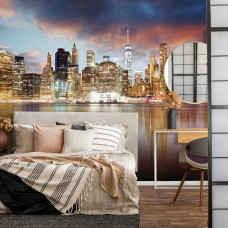 Eine Fototapete mit Blick auf Wolkenkratzer und Wohngebäude in New York, Amerika, gesehen im Schlafzimmer.