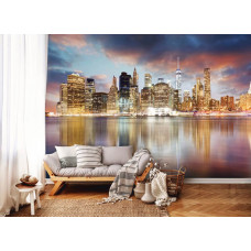 Eine Fototapete mit Blick auf Wolkenkratzer und Wohngebäude in New York, Amerika, gesehen im Wohnzimmer.