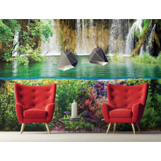 Eine moderne Fototapete mit Fischen und einem Wasserfall in einer Unterwasserwelt, ideal für ein Wohnzimmer.