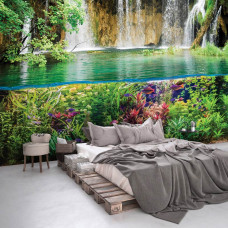 Eine Vliestapete mit einer farbenfrohen Unterwasserwelt und Fischen, perfekt für ein Schlafzimmer.