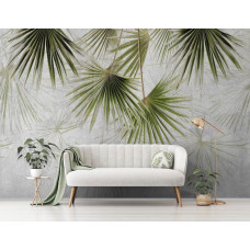 Eine Fototapete mit exotischen Dschungelpflanzen im Industriedesign, perfekt für ein Büro.