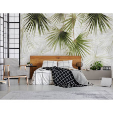 Eine Fototapete mit exotischen Dschungelpflanzen auf Beton, geeignet für ein Schlafzimmer.