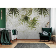 Eine Fototapete mit exotischen Dschungelpflanzen auf Beton, geeignet für ein Wohnzimmer.