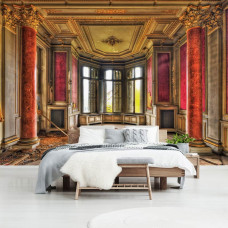 Eine Fototapete eines alten Gebäudes im industriellen und urbanen Stil für das Schlafzimmer.