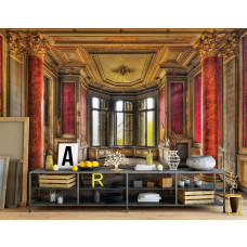 Eine Fototapete eines alten Gebäudes im industriellen und urbanen Stil für das Wohnzimmer.