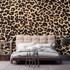 Eine Fototapete mit einem Leopardenfell in einem detaillierten Muster, ideal für ein ruhiges Schlafzimmer.
