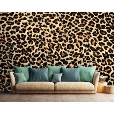 Eine Fototapete mit einem Leopardenfell in einem detaillierten Muster für ein stimmungsvolles Wohnzimmer.
