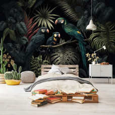 Eine Fototapete mit Papageien in einem exotischen Regenwald, besonders für ein Kinderzimmer.