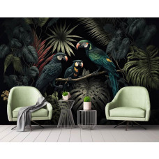 Eine Fototapete mit Papageien inmitten von Dschungelblättern in einem tropischen Regenwald, ideal für ein Wohnzimmer.