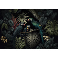 Fototapete mit bunten Papageien inmitten von großen, grünen Dschungelblättern. Tropische Vögel und dichte Vegetation schaffen eine lebendige, botanische Atmosphäre.