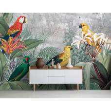 Eine Fototapete mit Dschungel-Papageien für das Wohnzimmer.