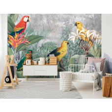 Eine Fototapete mit Dschungel-Papageien für das Kinderzimmer.