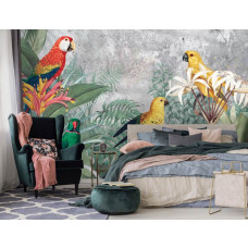 Eine Fototapete mit Dschungel-Papageien für das Schlafzimmer.