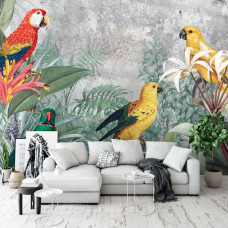 Eine Fototapete mit Dschungel-Papageien für das Wohnzimmer.