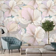 Pastellblumen auf einer Fototapete im Malereistil im Wohnzimmer.
