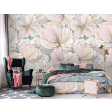 Pastellblumen auf einer Fototapete im Malereistil im Schlafzimmer.