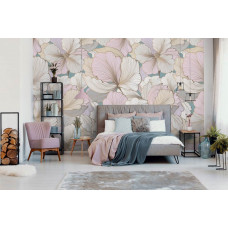 Pastellblumen auf einer Fototapete im Malereistil im Wohnzimmer und im Schlafzimmer.