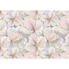 Pastellblumen auf einer Fototapete im Malereistil, ein malerisches Design mit hellen Farben, das eine subtile und ruhige Atmosphäre schafft.