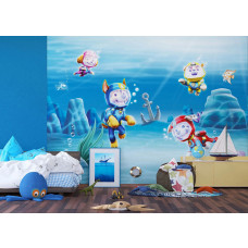 Fototapete mit den Paw Patrol Figuren Chase, Marshall, Skye, Rubble auf Tauchabenteuer im Meer, Anzeige im Kinderzimmer.