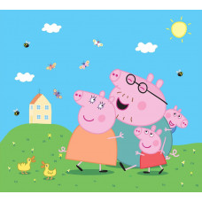 Wallpaper von Peppa Pig, George, Papa Pig und Mama Pig, die lächelnd vor ihrem Haus stehen, umgeben von niedlichen Entenküken, summenden Bienen und flatternden Schmetterlingen unter einer strahlenden Sonne.