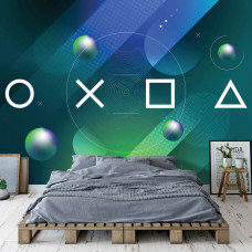 Eine Fototapete mit Gaming-Thema, mit PlayStation-Elementen und einem coolen Design für ein Gaming-Zimmer.