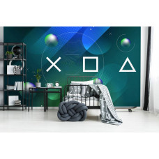 Eine verspielte Fototapete mit PlayStation-Controller und Gaming-Thema für ein Kinderzimmer.