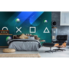 Eine Fototapete mit PlayStation-Controller und Gaming-Thema, ideal für ein Schlafzimmer.