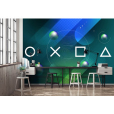 Eine stilvolle Fototapete mit PlayStation-Controller und modernen Gaming-Elementen für ein Wohnzimmer.