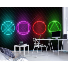 Eine Gaming-Tapete mit PlayStation-Symbolen in einem lebendigen Design, ideal für ein Gaming-Zimmer.