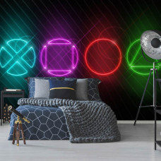 Eine PlayStation-Fototapete mit bunten Akzenten, perfekt für ein Kinderzimmer.