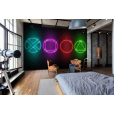 Eine PlayStation-Fototapete mit Gaming-Elementen und einem dynamischen Design, ideal für ein Schlafzimmer.