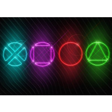 Playstation- und Gaming-Elemente auf einem dunklen Hintergrund, ideal für ein Gaming-Zimmer mit einer intensiven Atmosphäre.