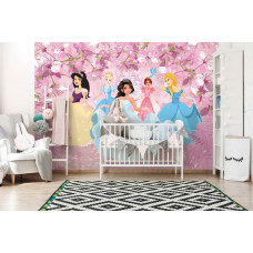 Fototapete mit einem Mädchen, das auf einem Ball vor einem Märchenschloss im Kinderzimmer tanzt.