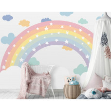 Eine fröhliche Fototapete mit einem Regenbogen und Sternen, perfekt für ein Kinderzimmer.