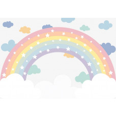 Wolken, Regenbogen und Sterne vereinen sich auf dieser Fototapete zu einem verspielten und magischen Ganzen.