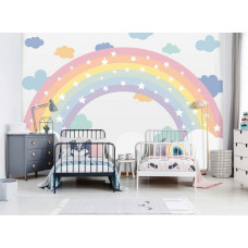 Eine farbenfrohe Kindertapete mit Regenbogen, Wolken und Sternen, ideal für verschiedene Kinderzimmer.