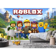 Roblox Tapete im Jungenzimmer mit coolen Spielfiguren, Roblox Logo und futuristischer Stadt mit Raketen-Turm.