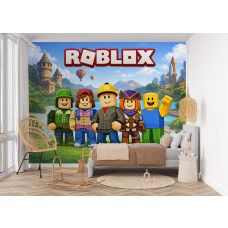 Roblox Tapete im Mädchenzimmer mit farbenfrohen Roblox Figuren, Schloss, Fluss und hellem Himmel auf der Wand.