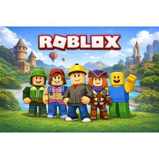 Roblox Tapete mit bunten blockförmigen Spielfiguren, großem Roblox Logo, Fluss, Bergen, Schlosstürmen und moderner Stadt.
