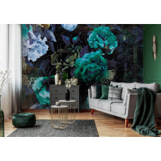 Eine grüne Kunst-Fototapete mit einer Pfingstrose im Malstil für das Wohnzimmer.