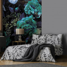 Eine grüne Kunst-Fototapete mit einer Pfingstrose im Malstil für das Schlafzimmer.